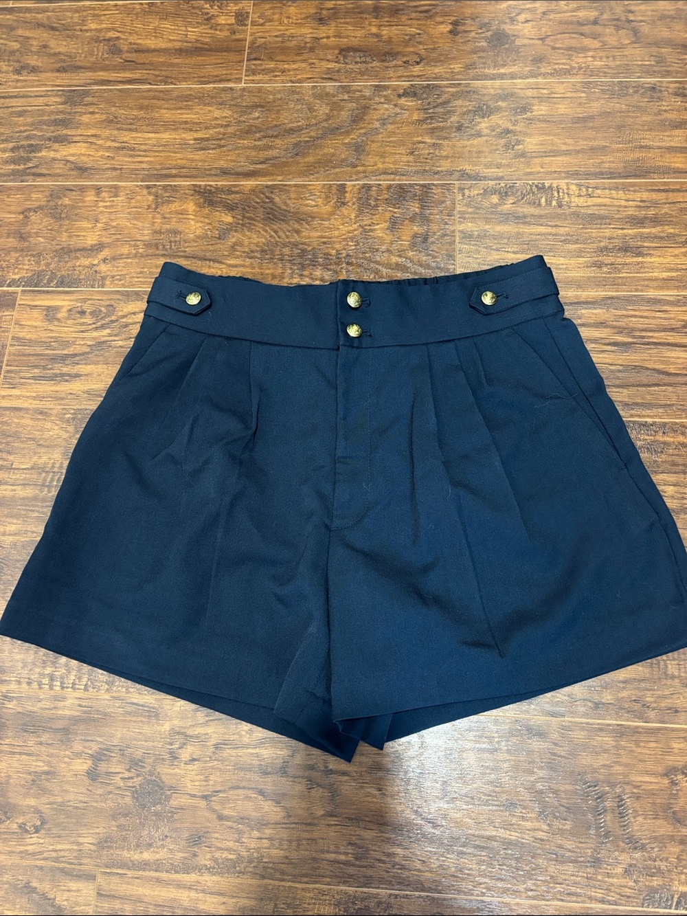 Banana Republic Navy High-Waist Pleated Shorts with Metal Button Detail